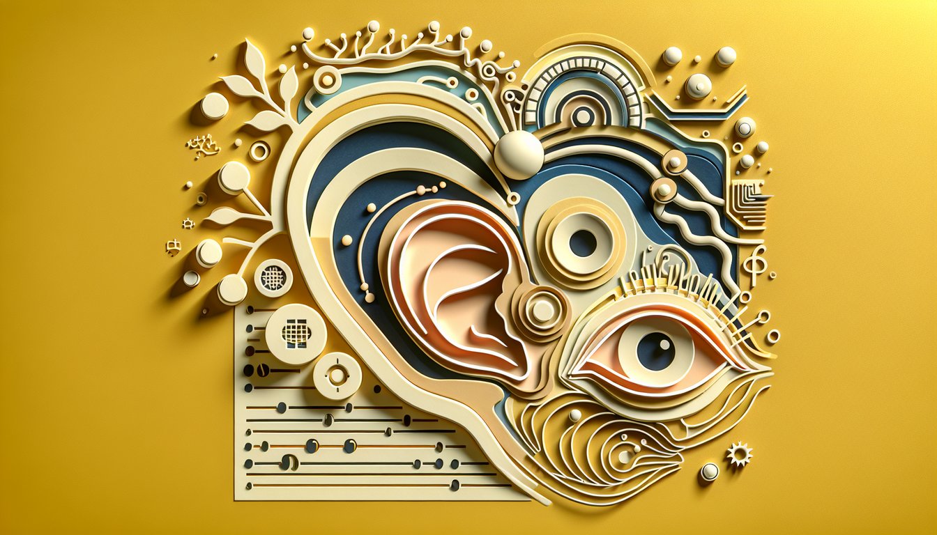 Paper art illustration for biophysics quiz on human senses on a golden yellow background