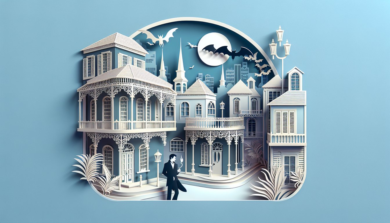 Paper art illustration for a Raglan James Anne Rice trivia quiz covering Lestat legends and New Orleans lore on a sky-blue background.