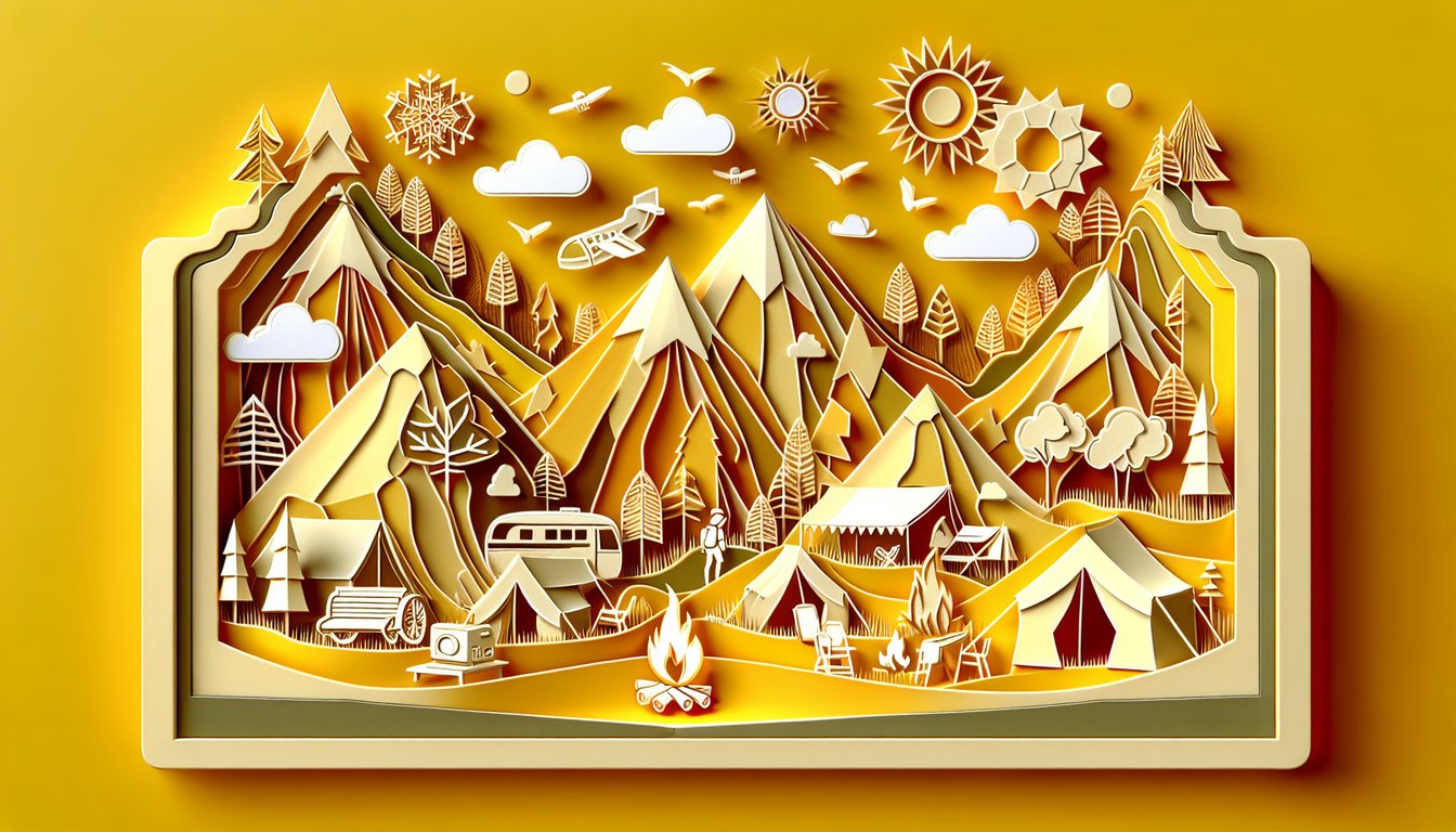 Paper art illustration for Camp Camp character personality quiz on a golden yellow background