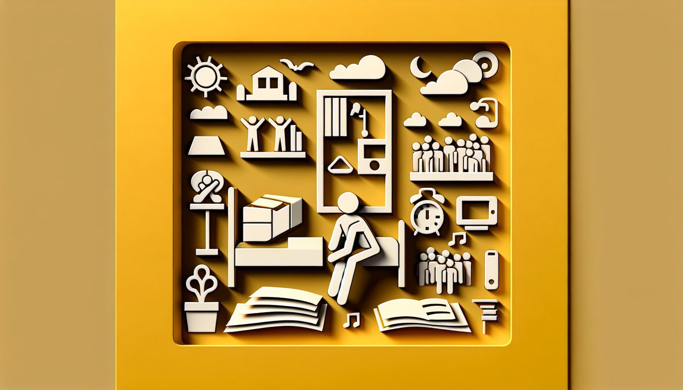 Paper art scene with a lone figure reading amid abstract shapes on a golden yellow background.