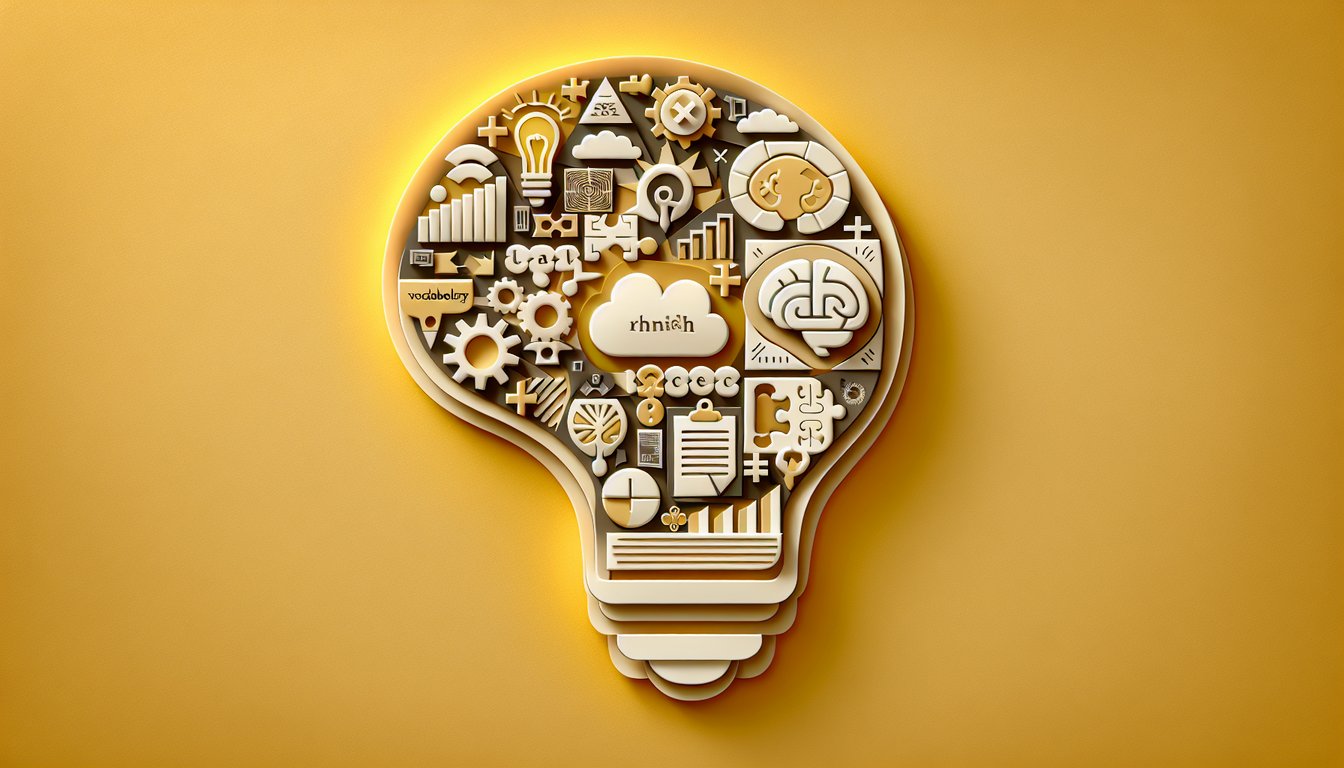 paper art quiz illustration about free cumulative English grammar vocabulary comprehension on golden yellow background