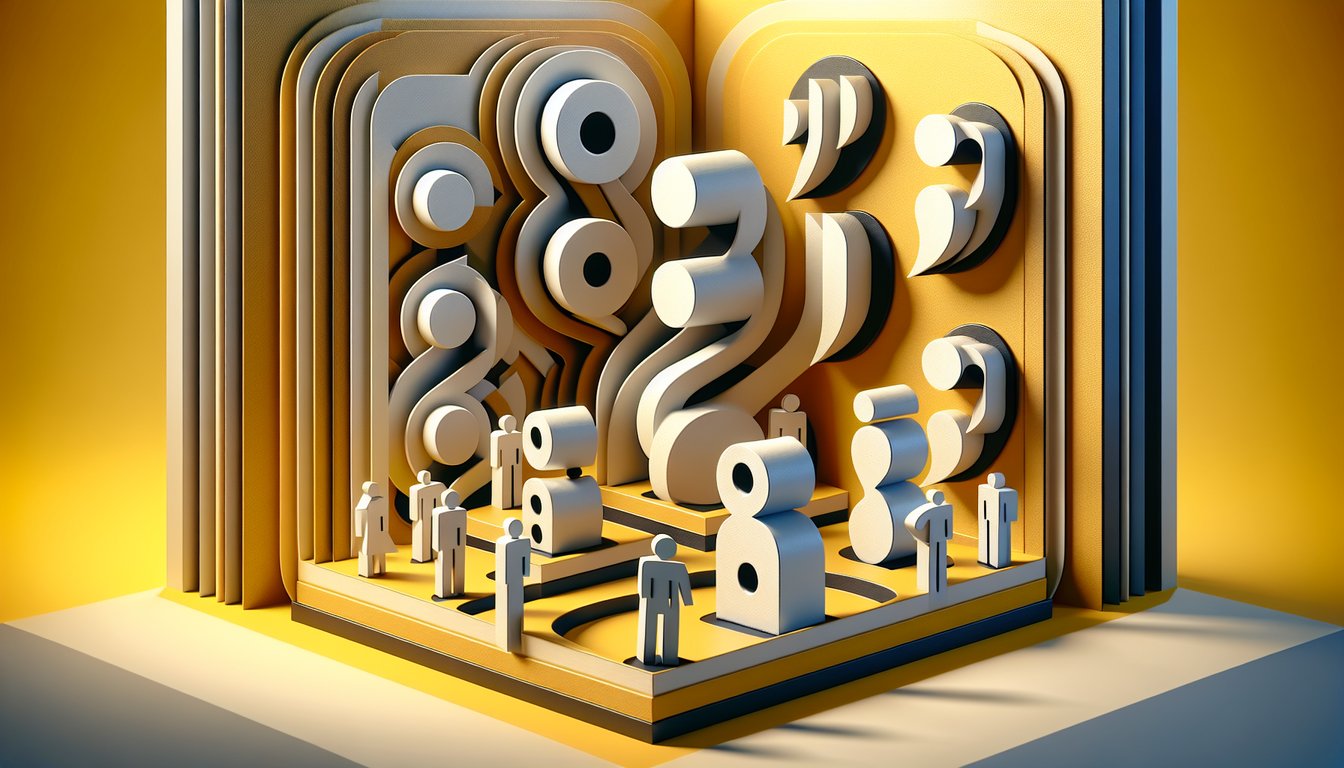 Paper art style quiz graphic for punctuation mastery with semicolons dashes and colons on golden yellow background