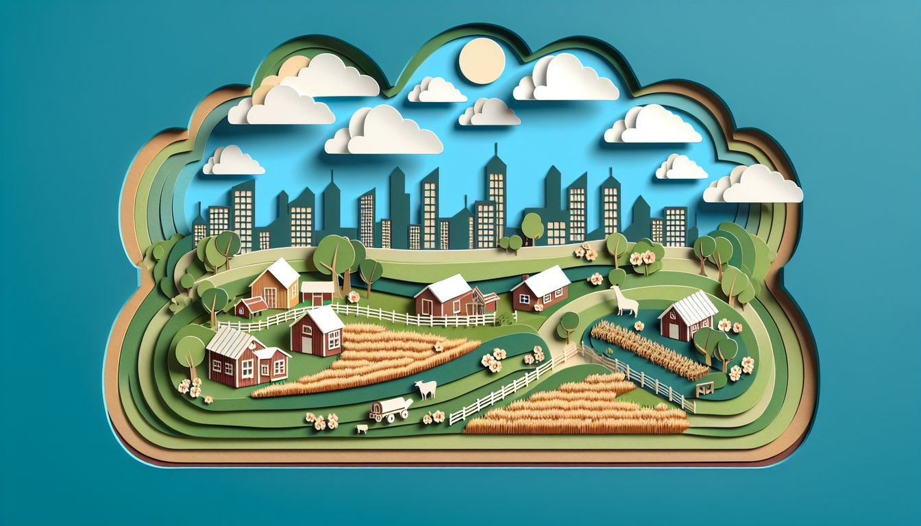 Paper art illustration for countryside versus city quiz on teal background