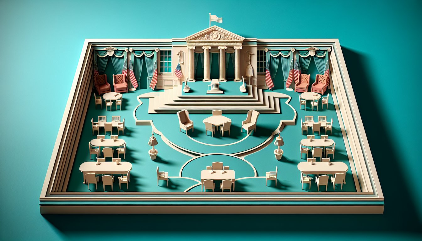 Paper art style White House quiz graphic with presidential icons columns trivia prompt on teal background