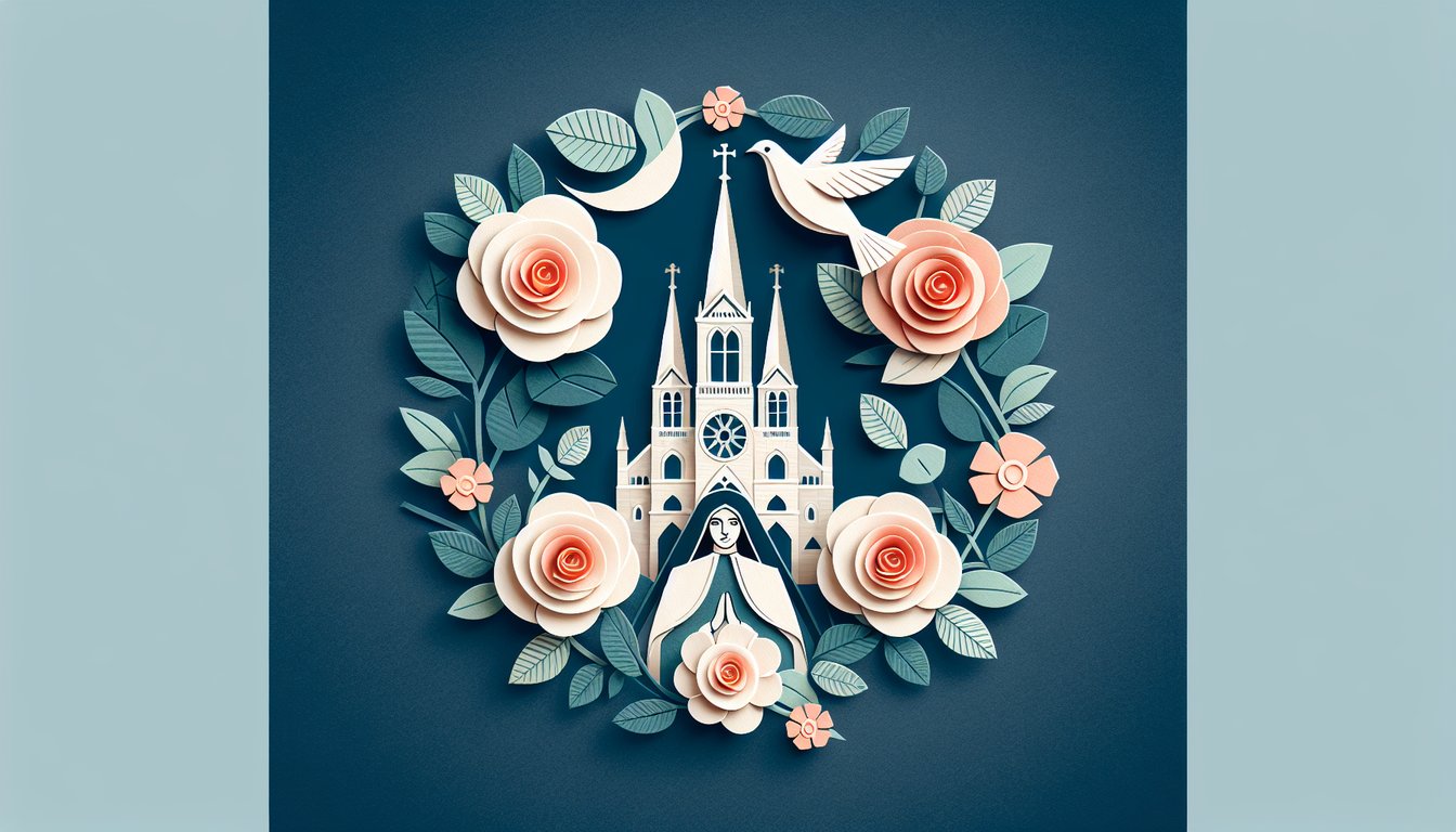 Colorful paper art promoting a knowledge quiz about St. Thrse of Lisieux.