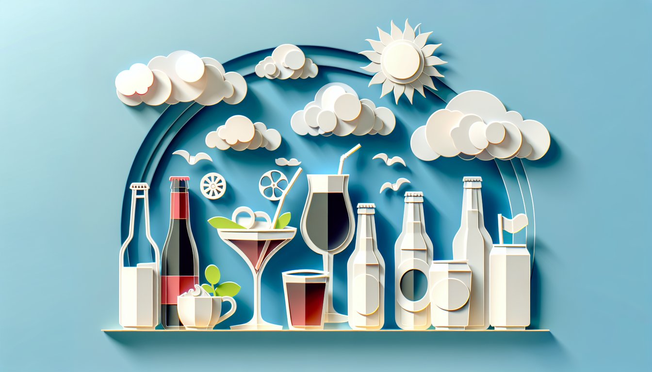 Paper art collage of colorful drinks question marks and quiz icons on sky blue background for drink personality quiz