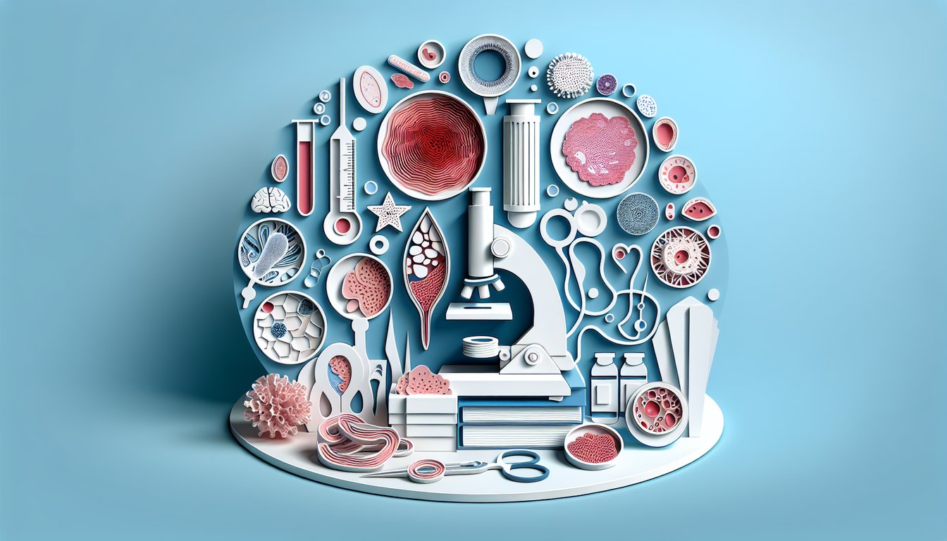 Paper art illustration for histopathology quiz on a sky blue background