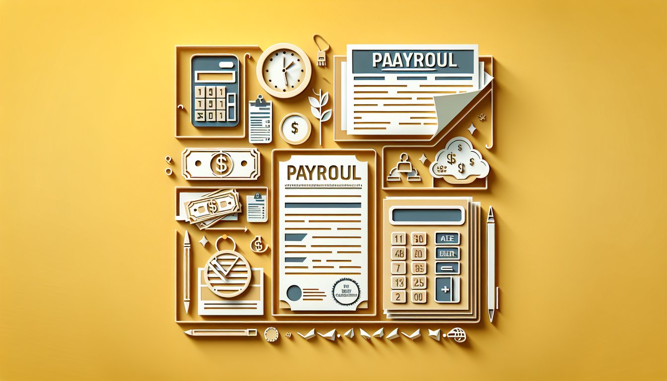 Paper art illustration of a free FPC payroll quiz scene with calculator coins papers and ribbons on golden yellow background