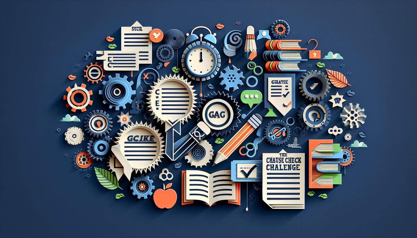 Colorful paper art promoting The Clause Check Challenge, a grammar quiz for high school students.