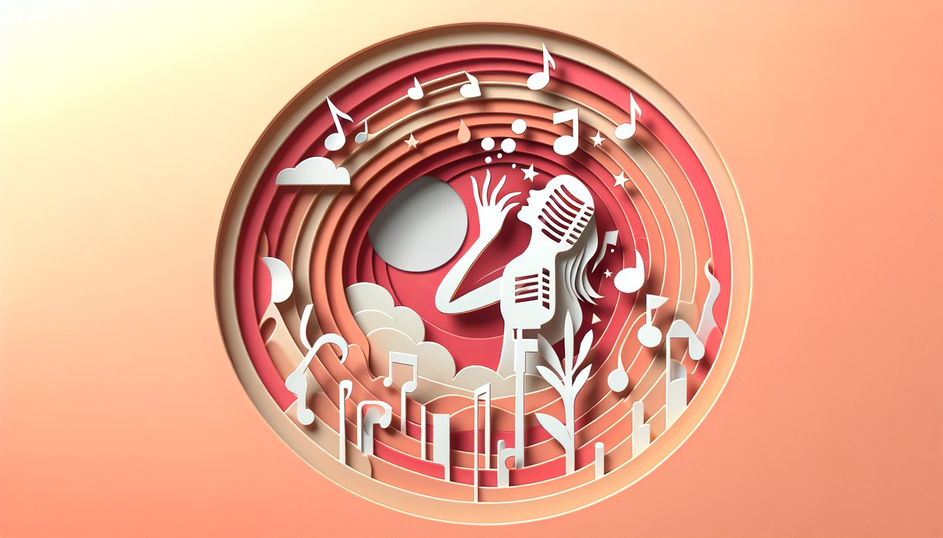 Paper art coral background microphone music notes singing quiz testing vocal style range passion