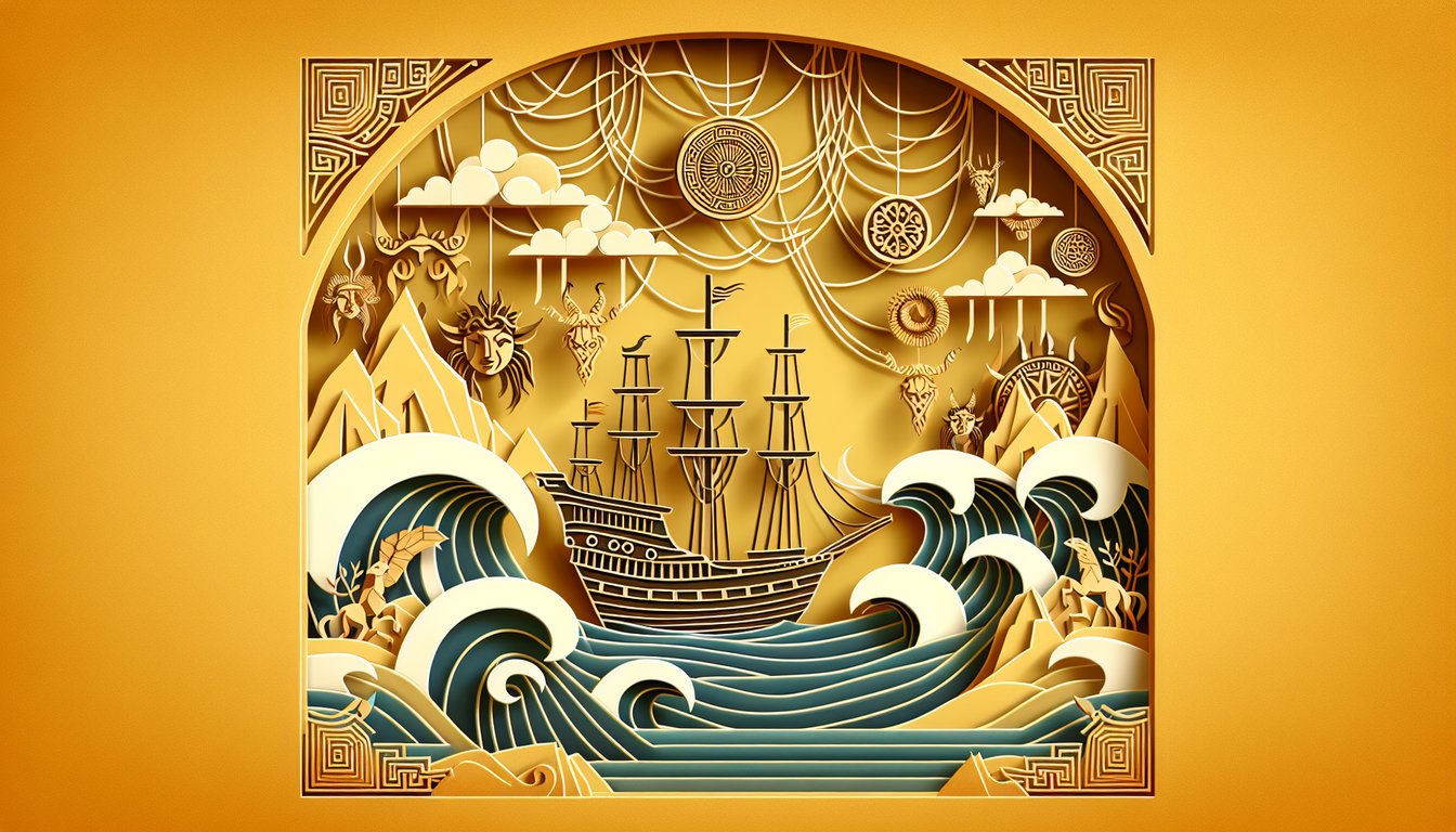 Paper art collage of Odyssey heroes and symbols for books 1-5 quiz on golden yellow background