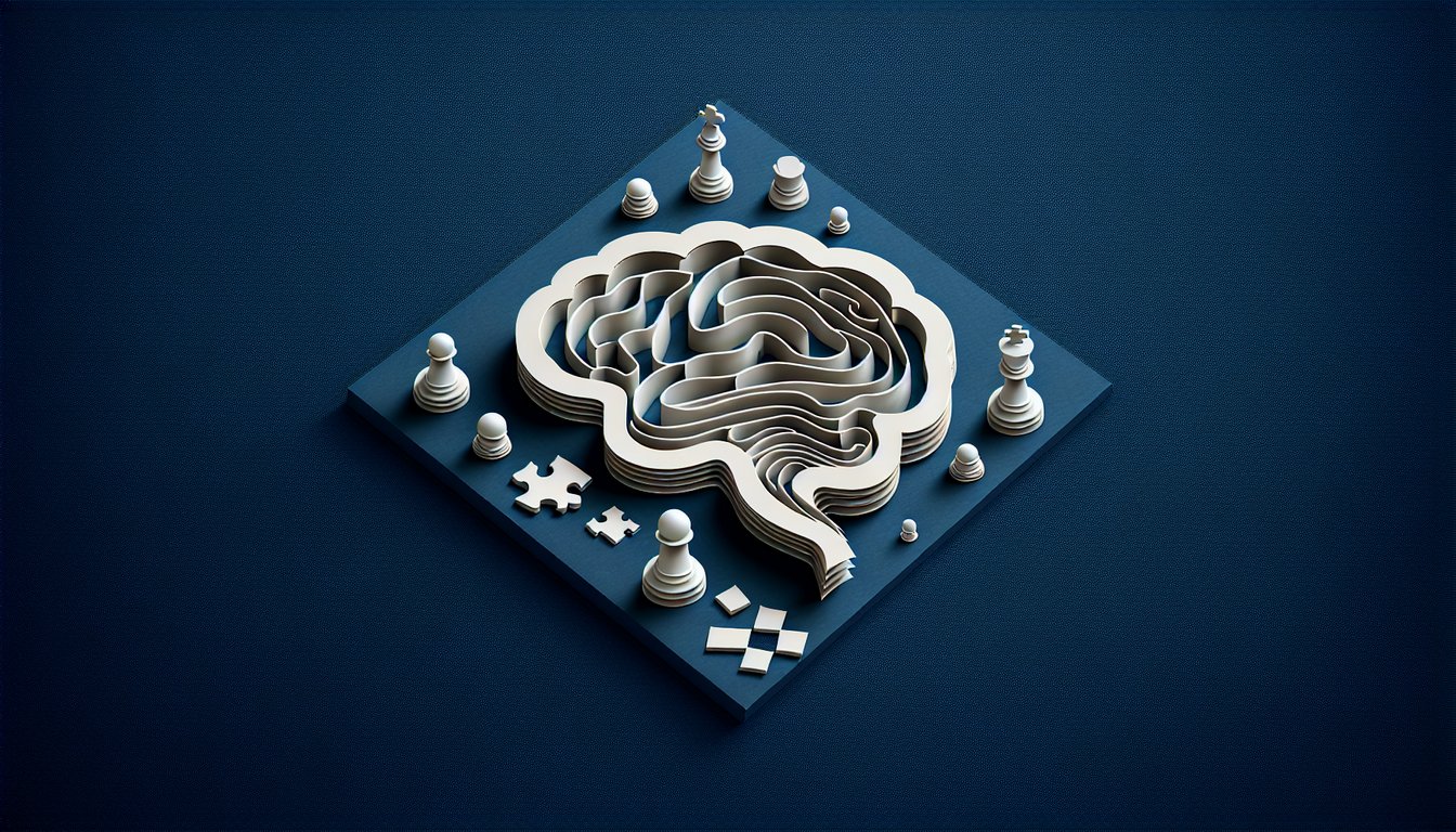 Paper art brain and quiz symbols on dark blue background for free Psych Test IQ quiz