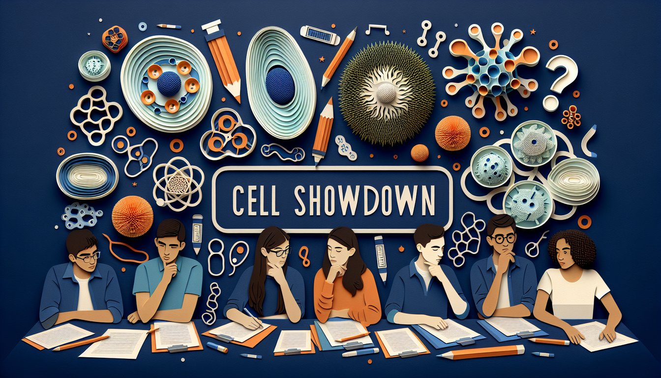 Colorful paper art representing a Cell Theory Showdown trivia quiz for high school biology students.
