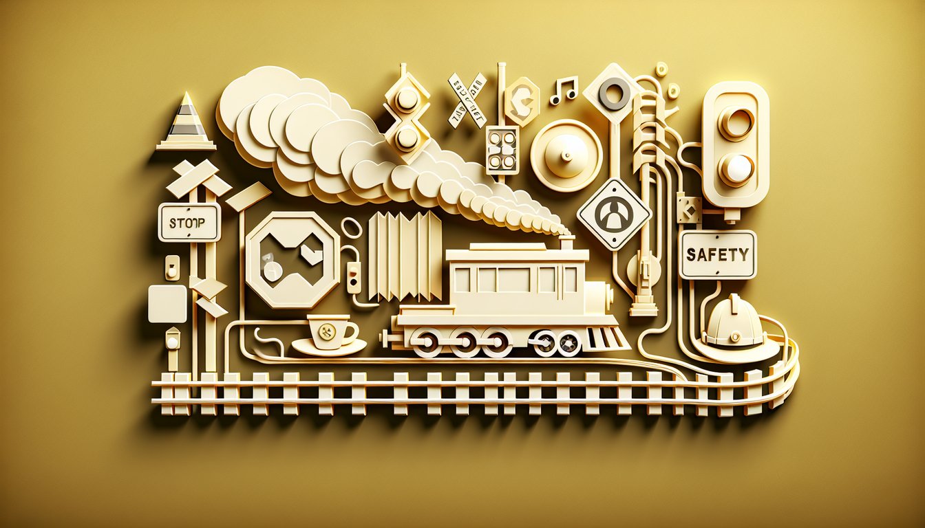 Paper art locomotive, rulebook, pencil on golden yellow background promoting free 100 question CSX operating rules quiz