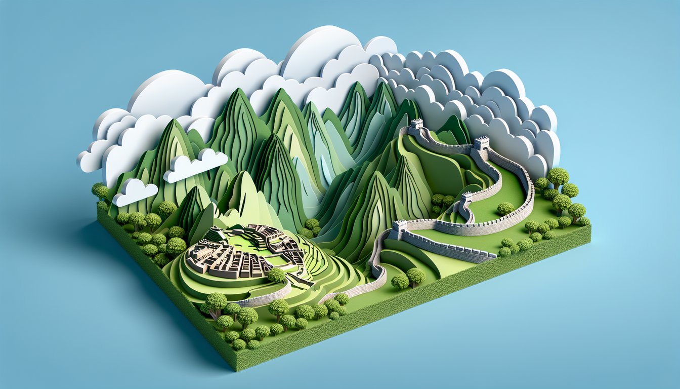 Paper art style Machu Picchu and Great Wall on sky blue background for free world famous sites trivia quiz