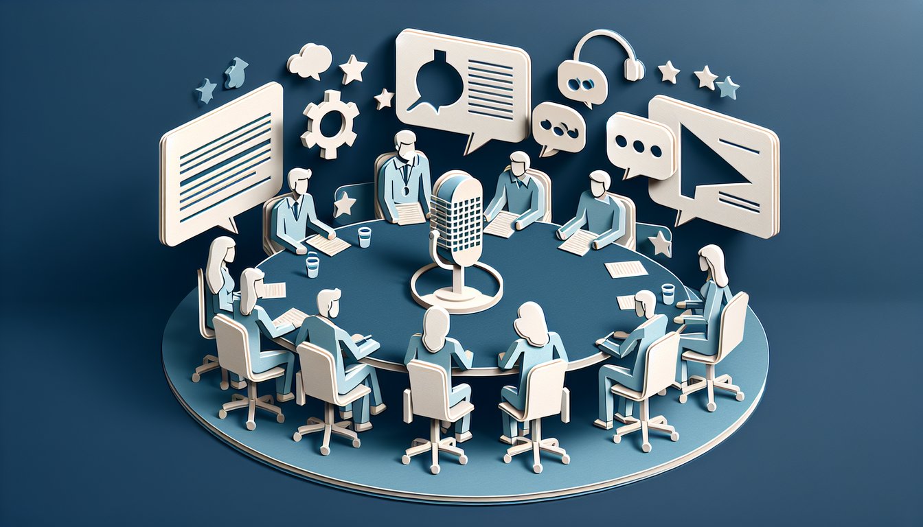 Paper art quiz illustration with moderator training title and community management icons on dark blue background