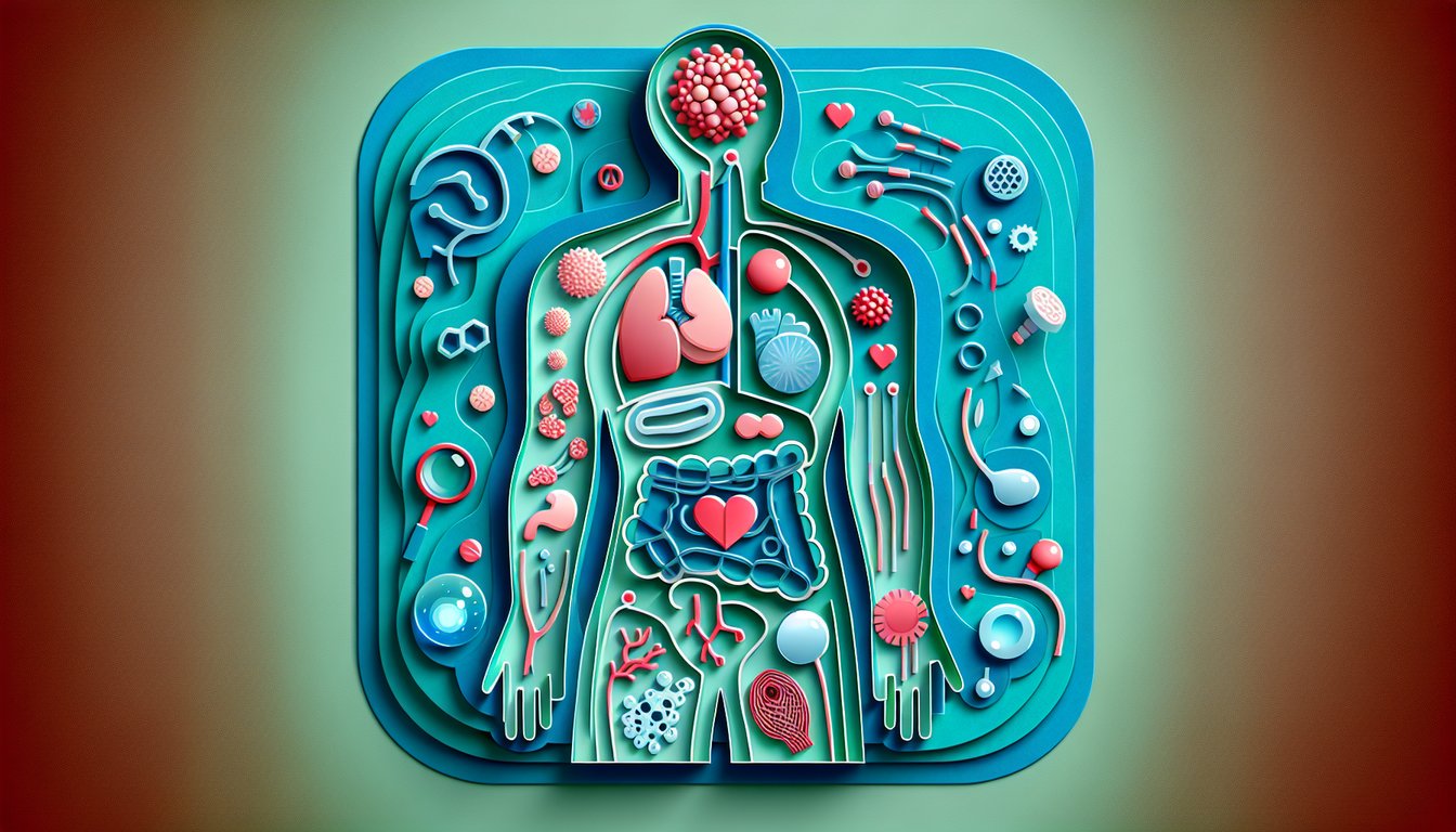 Paper cut layers of human organs cells and blood vessels on teal background promoting advanced physiology quiz.