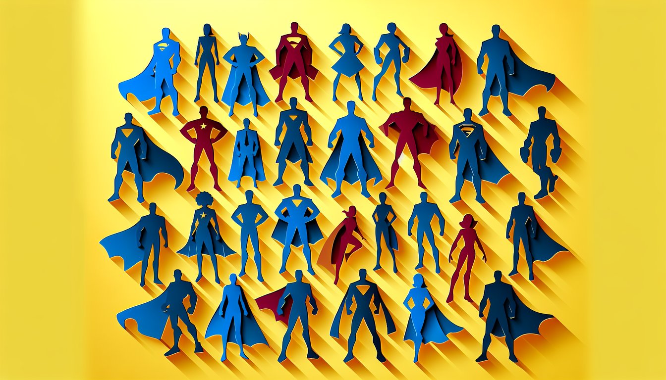 Paper art illustration for Marvel character personality quiz on a golden yellow background