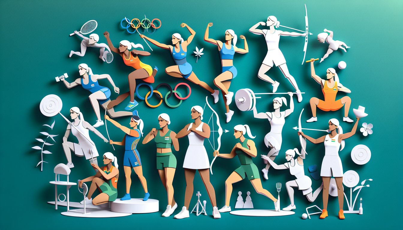 Paper art illustration of Indian women Olympians in track and field, archery, weightlifting on teal background for quiz