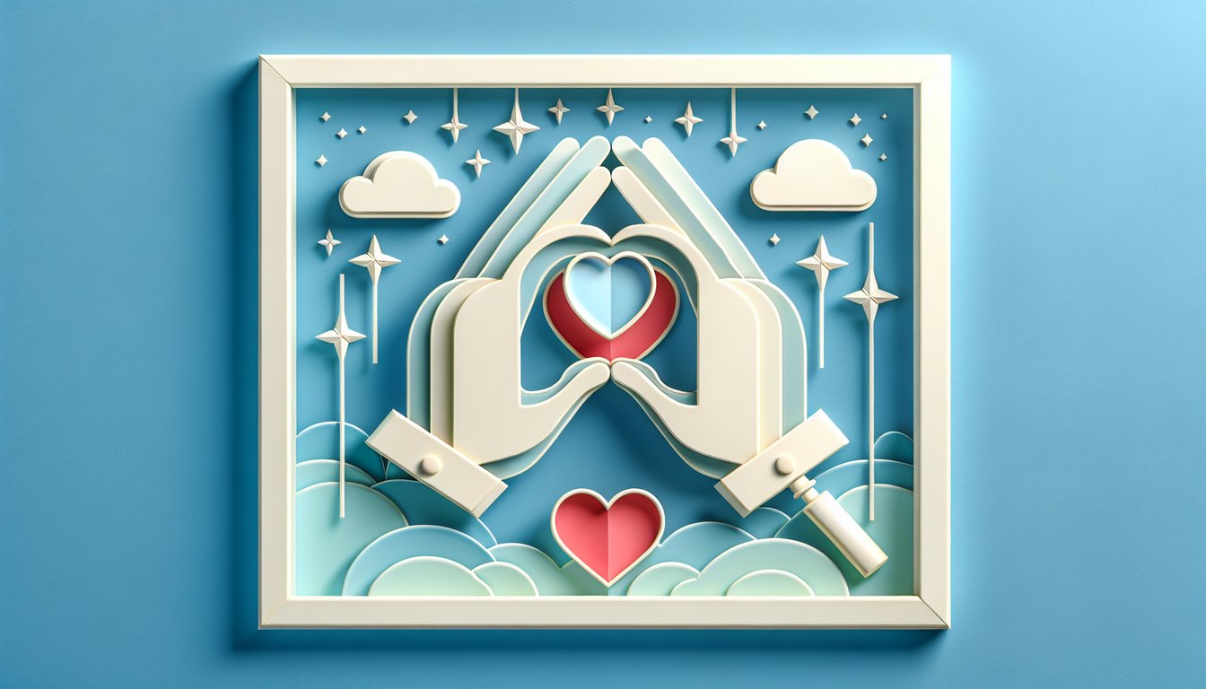 Paper art style couple silhouette with hearts rings and question marks floating above on sky blue background