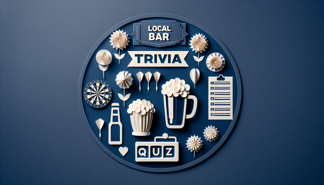 Colorful paper art depicting elements of a local bar trivia quiz.