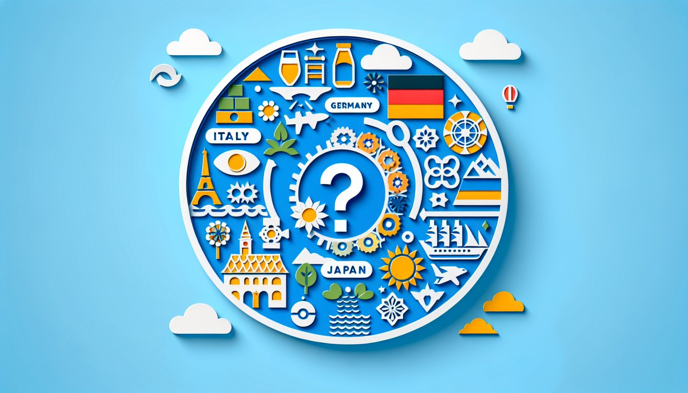 Paper art illustration for Hetalia character personality quiz on sky blue background