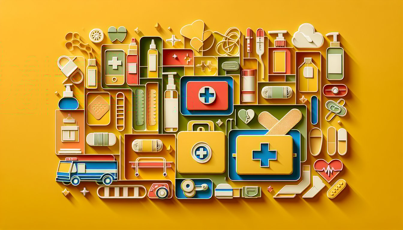 Paper art illustration showing bandaged heart and medical icons on golden yellow background for first aid quiz