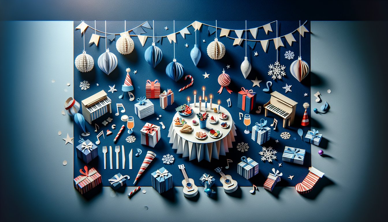 Festive paper art displaying questions for Holiday Party Trivia Quiz