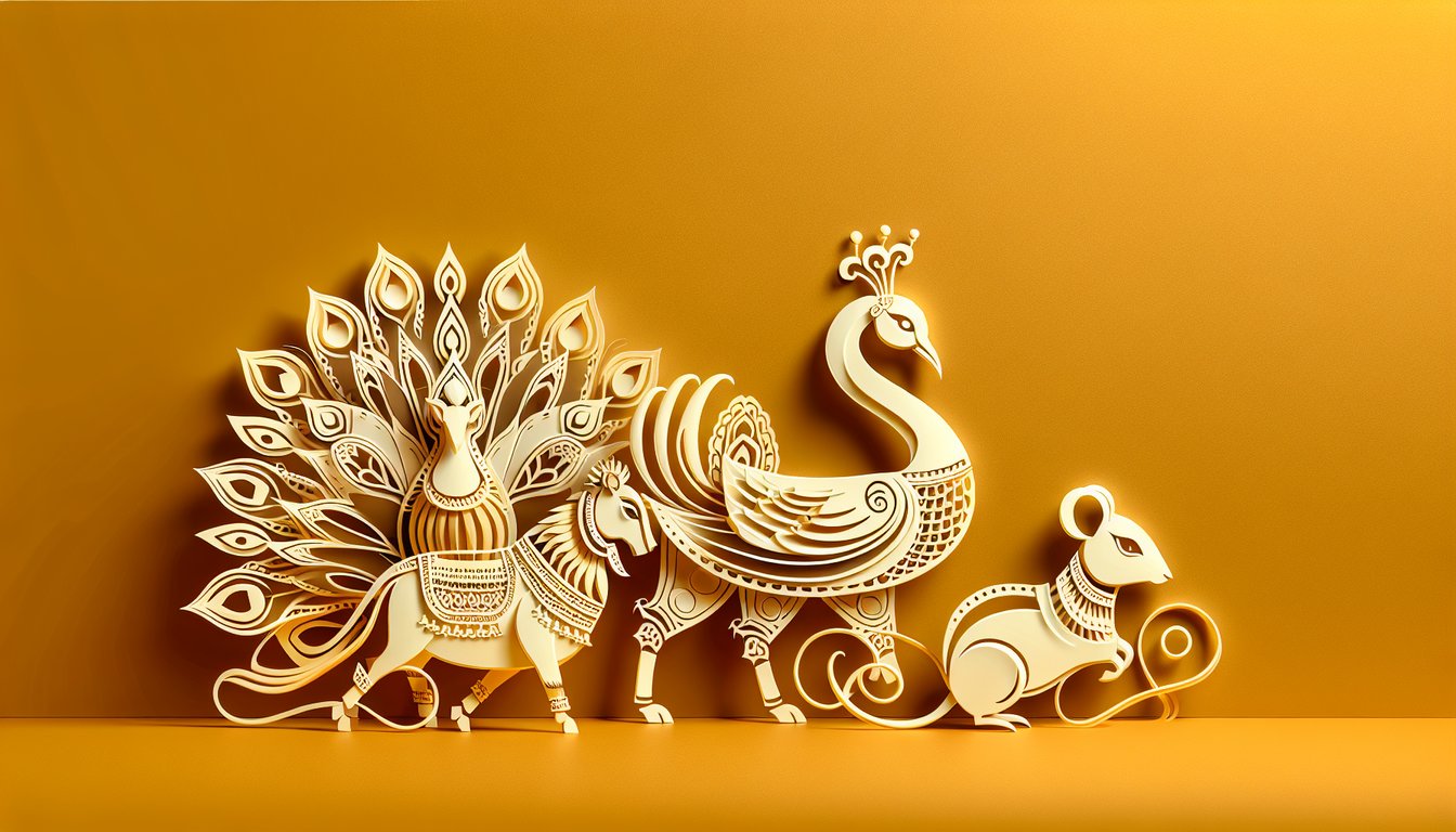 Paper art illustration Hindu gods vahanas on golden yellow background for quiz on deity animal mounts