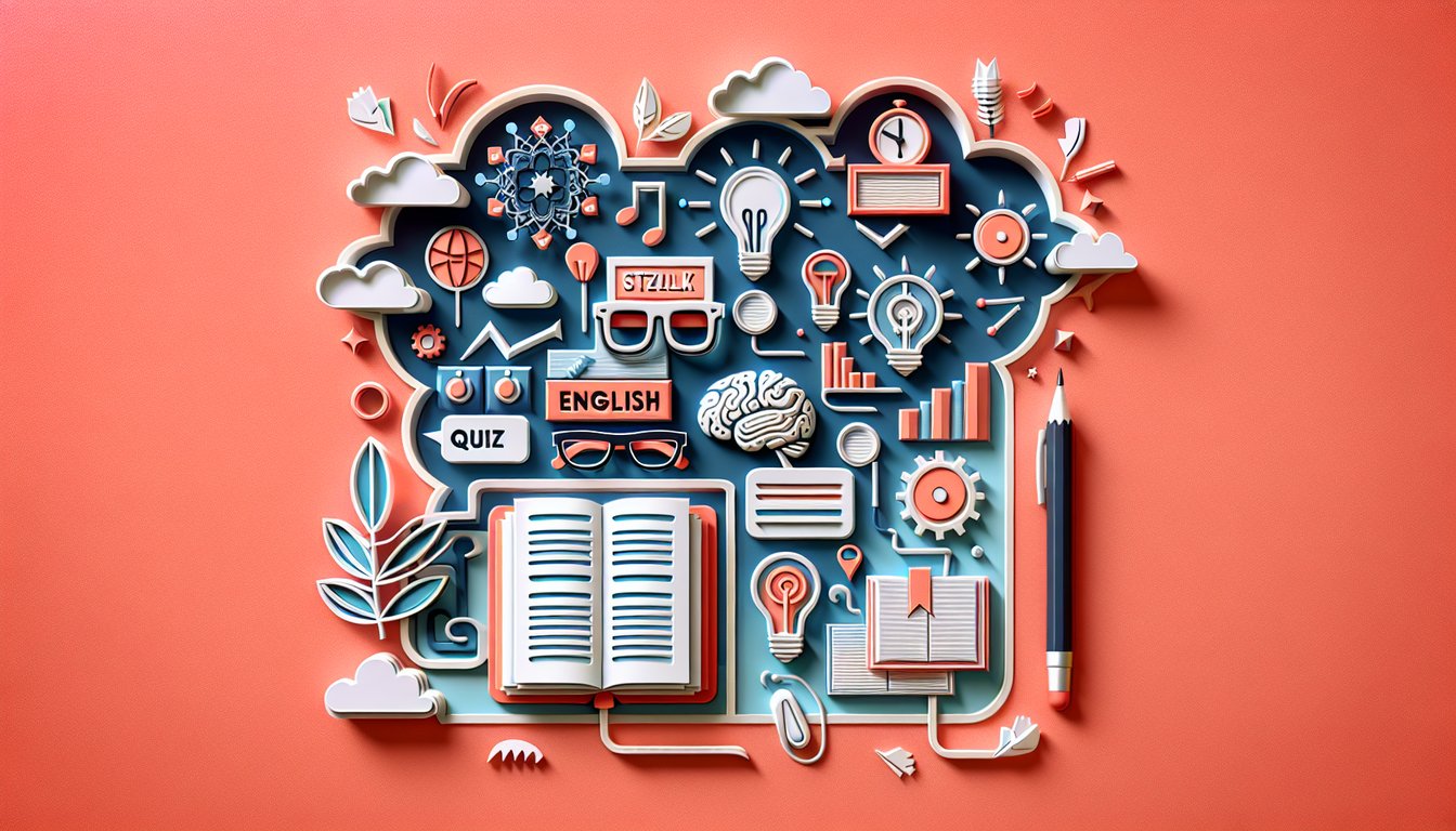 Paper art illustration for English skills quiz on a coral background.