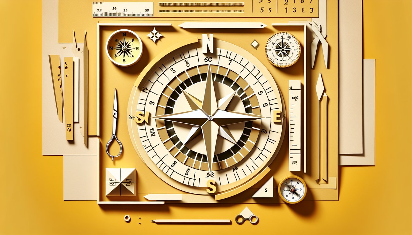 Paper art illustration for compass personality test on a golden yellow background