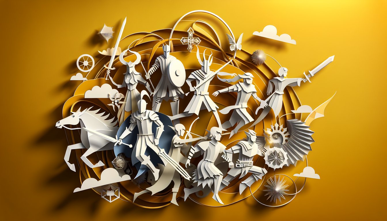 Paper art fantasy montage on golden yellow background for Sarah J Maas quiz to reveal your ideal character match