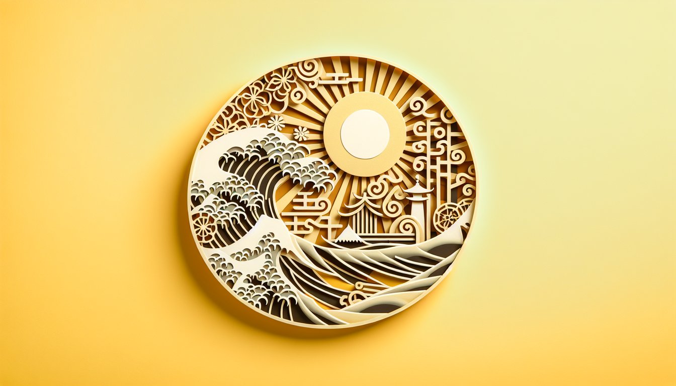 paper art style torii gate, samurai helmet, scroll shapes on golden yellow background evoking Imperial Japan quiz theme