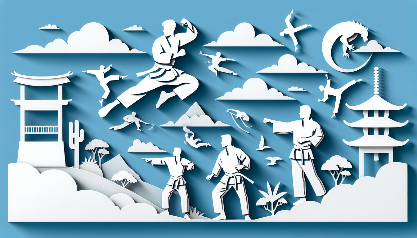 Paper art illustration for martial arts quiz on a sky blue background
