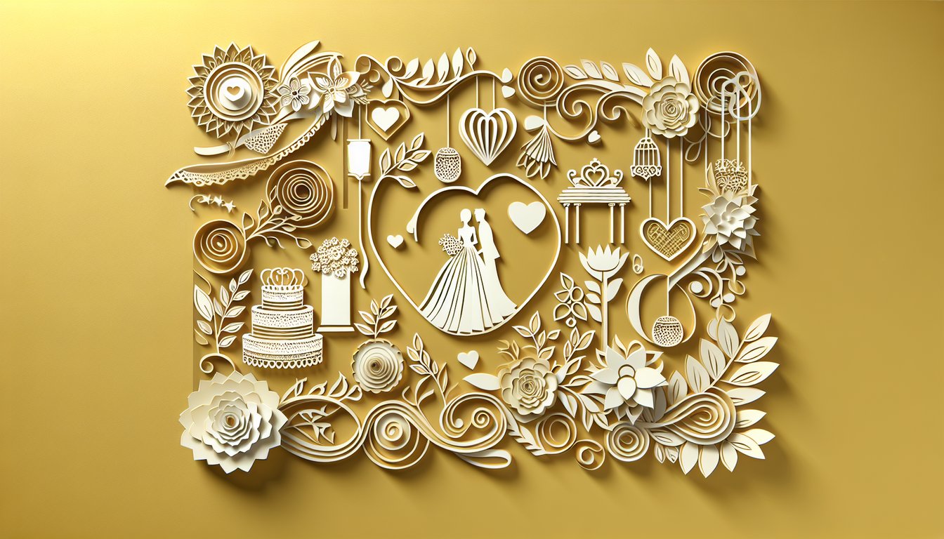 paper art wedding vibe quiz motifs including romantic floral wreath boho heart classic rings on golden yellow background