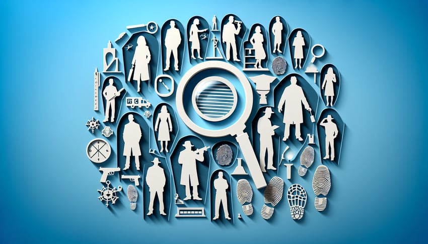 Paper art style quiz graphic NCIS trivia letters magnifying glass agent silhouettes question marks sky blue background