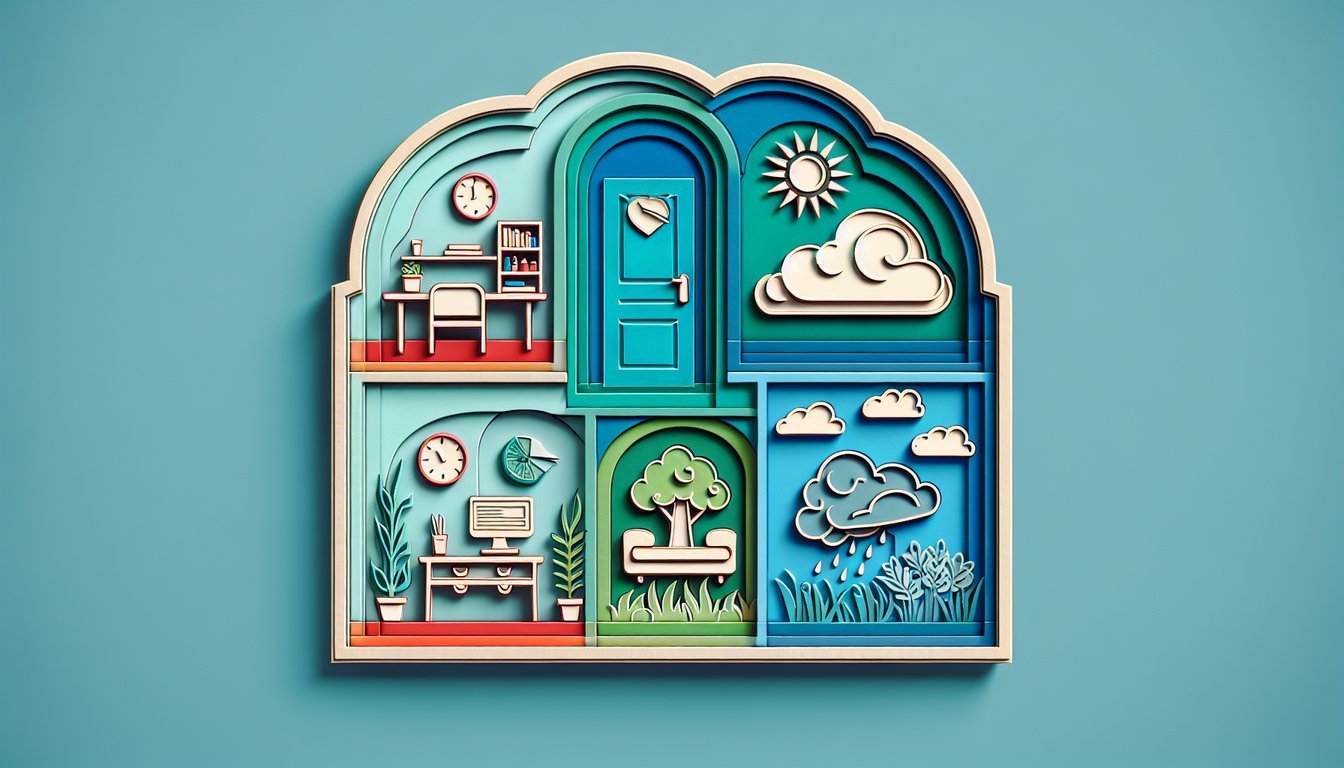 paper art with five abstract shapes representing the big five traits on teal background