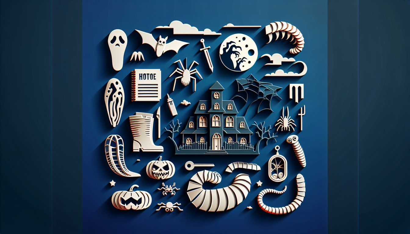 Layered paper cut Halloween scene with haunted house, pumpkins, ghosts, bats and quiz text on dark blue background