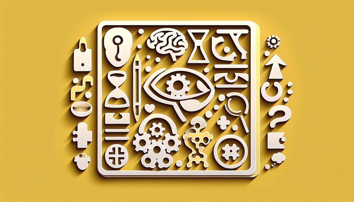 Paper art style illustration with quiz papers and brain icon on golden yellow background for free psychopath quiz