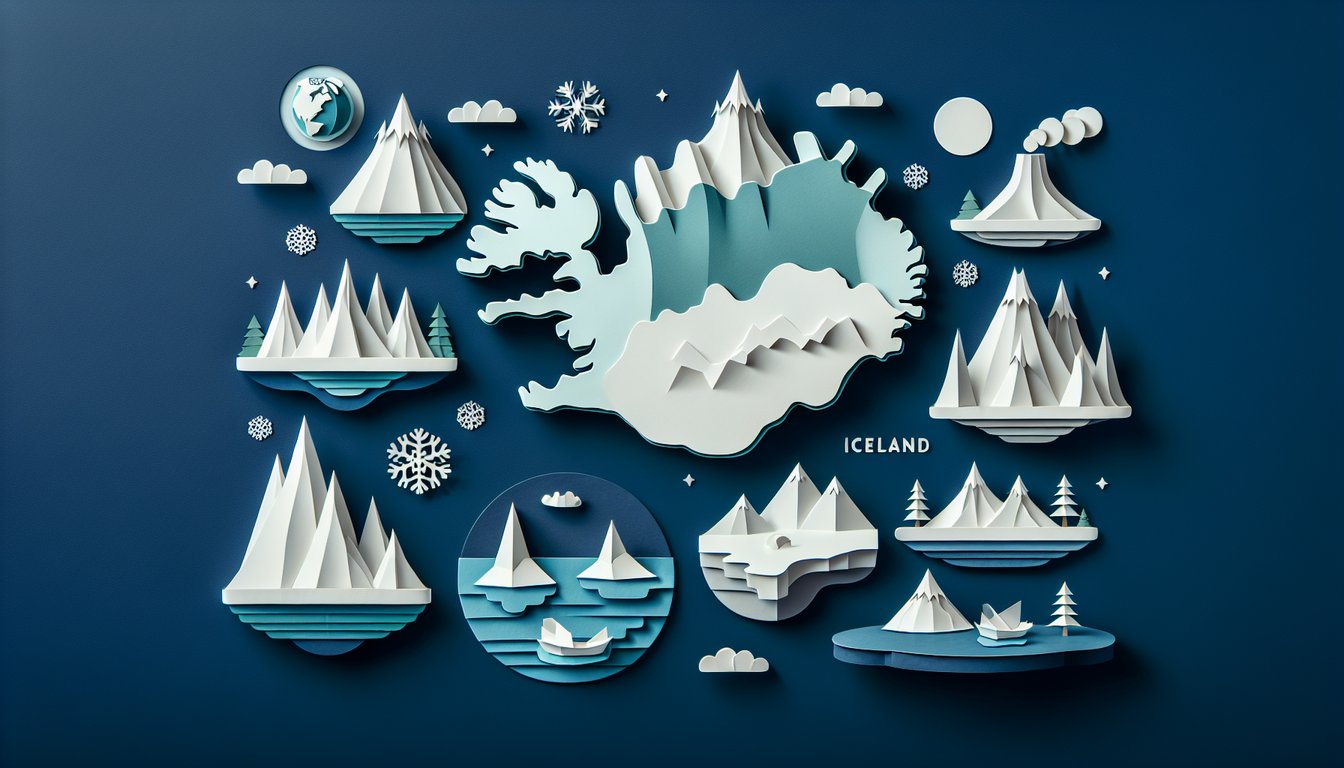 Colorful paper art depicting Iceland geography for a trivia quiz