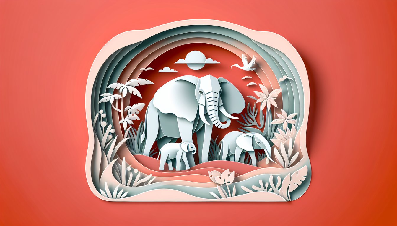 Paper art elephant quiz illustration on a coral background