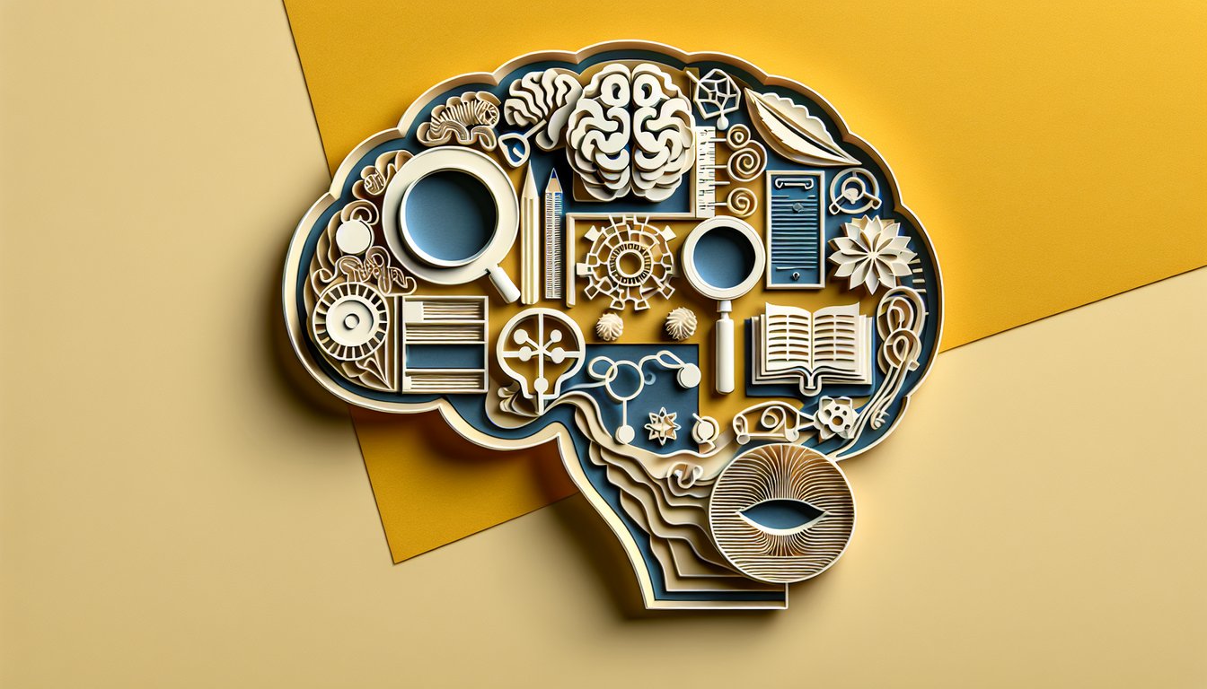 Paper art illustration for Abnormal Psychology Exam 1 quiz on a golden yellow background