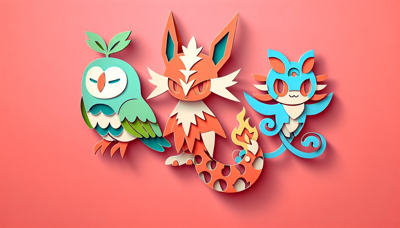 Paper art illustration on coral background with cutouts of Rowlet Litten and Popplio for a free Alola starter quiz