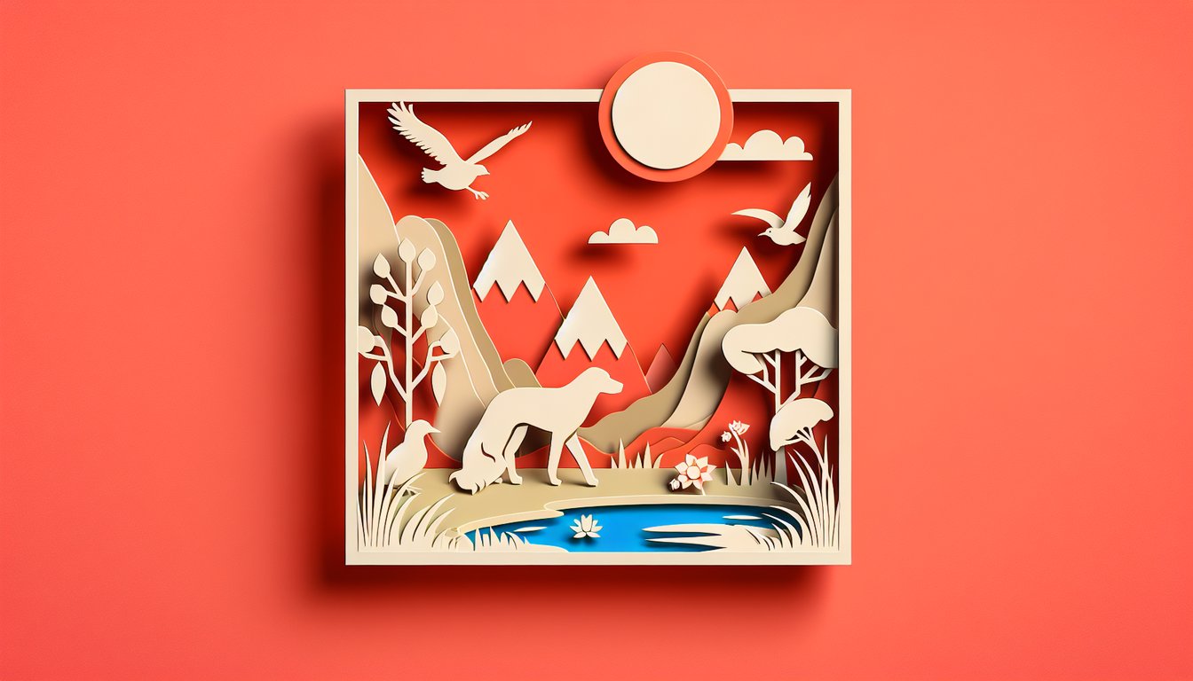 paper art style dog bird and lake spirit silhouettes on coral background promoting personality quiz