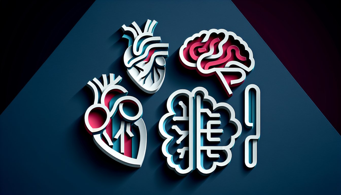 Paper art illustration for personality quiz featuring heart, brain, backbone on dark blue background.