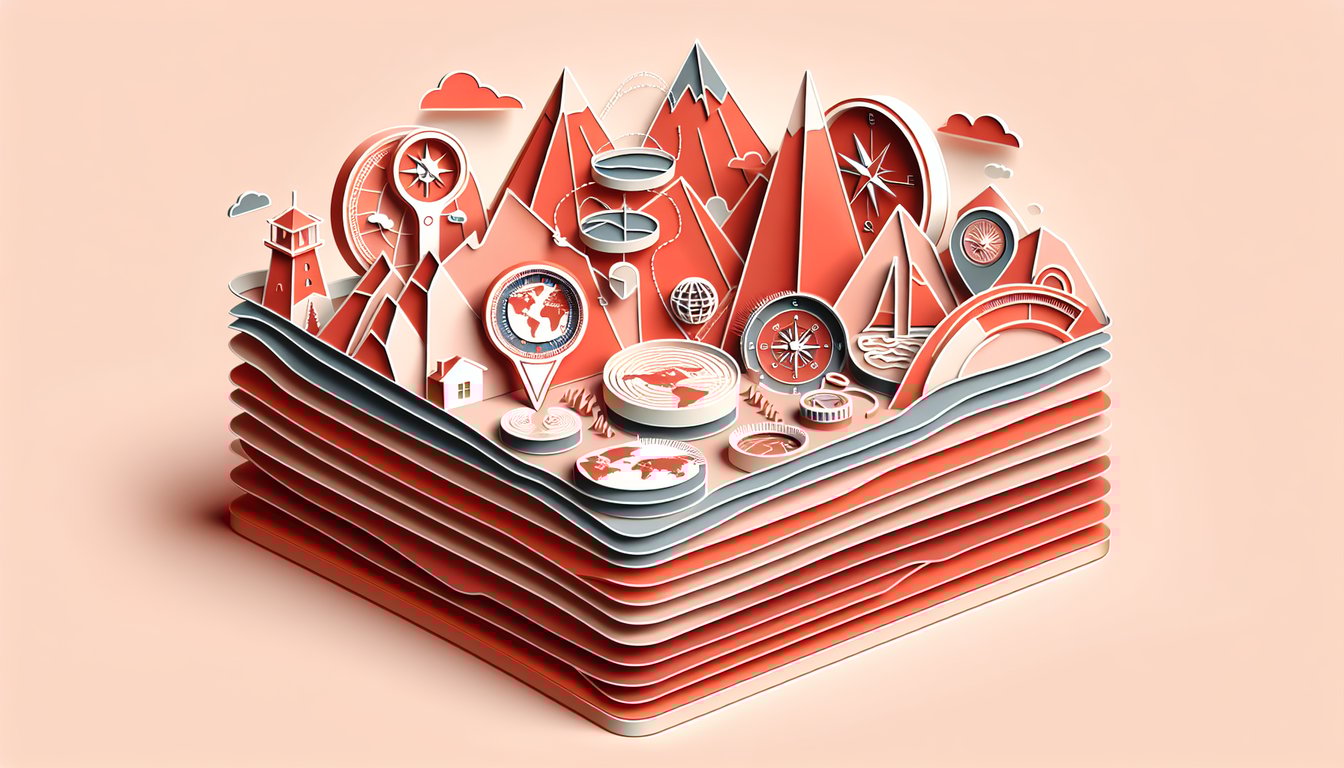 Paper art illustration promoting a challenging geography quiz on a coral background