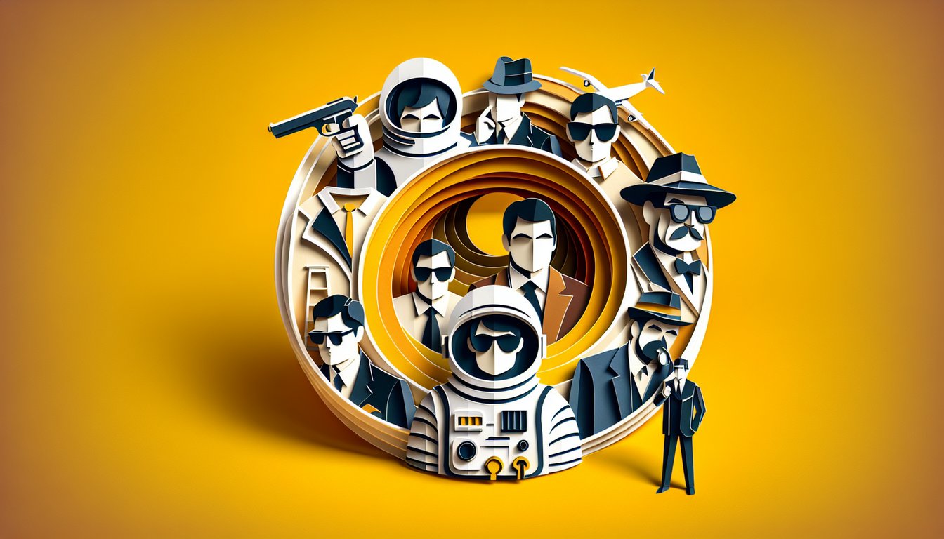Paper art illustration shows stylized Matt Damon role icons around quiz banner on golden yellow background