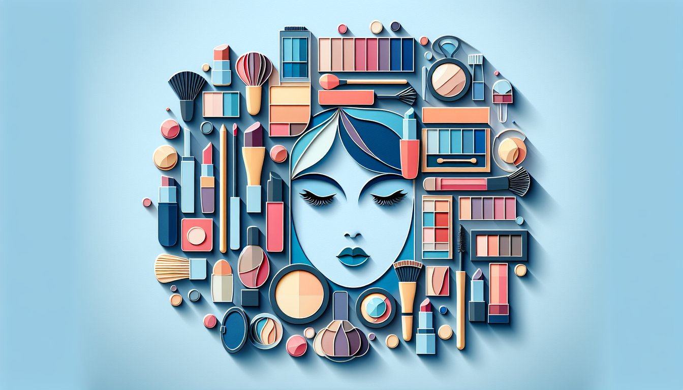 Paper art illustration for Dear Peachie Makeup Quiz on a sky blue background