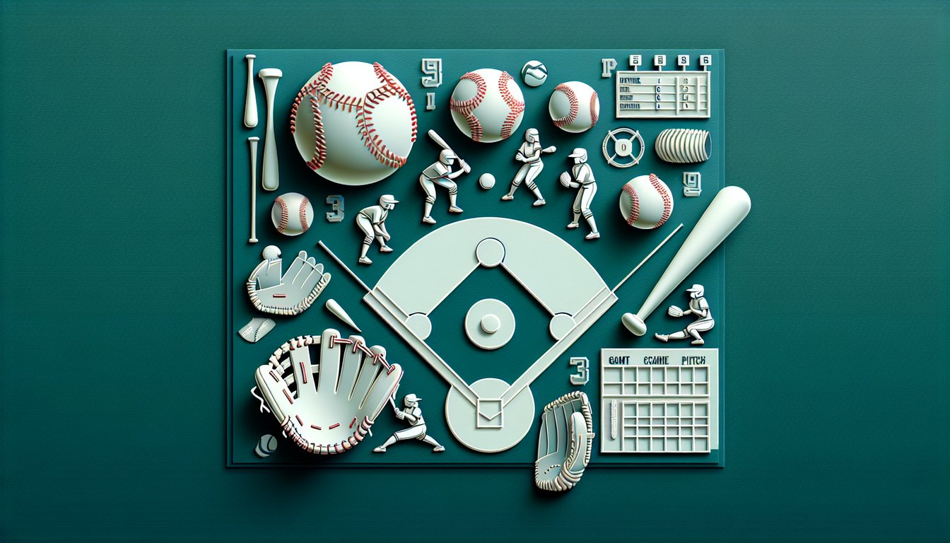 Paper art illustration of softball bats, balls, scoreboard, question marks on teal background for trivia quiz