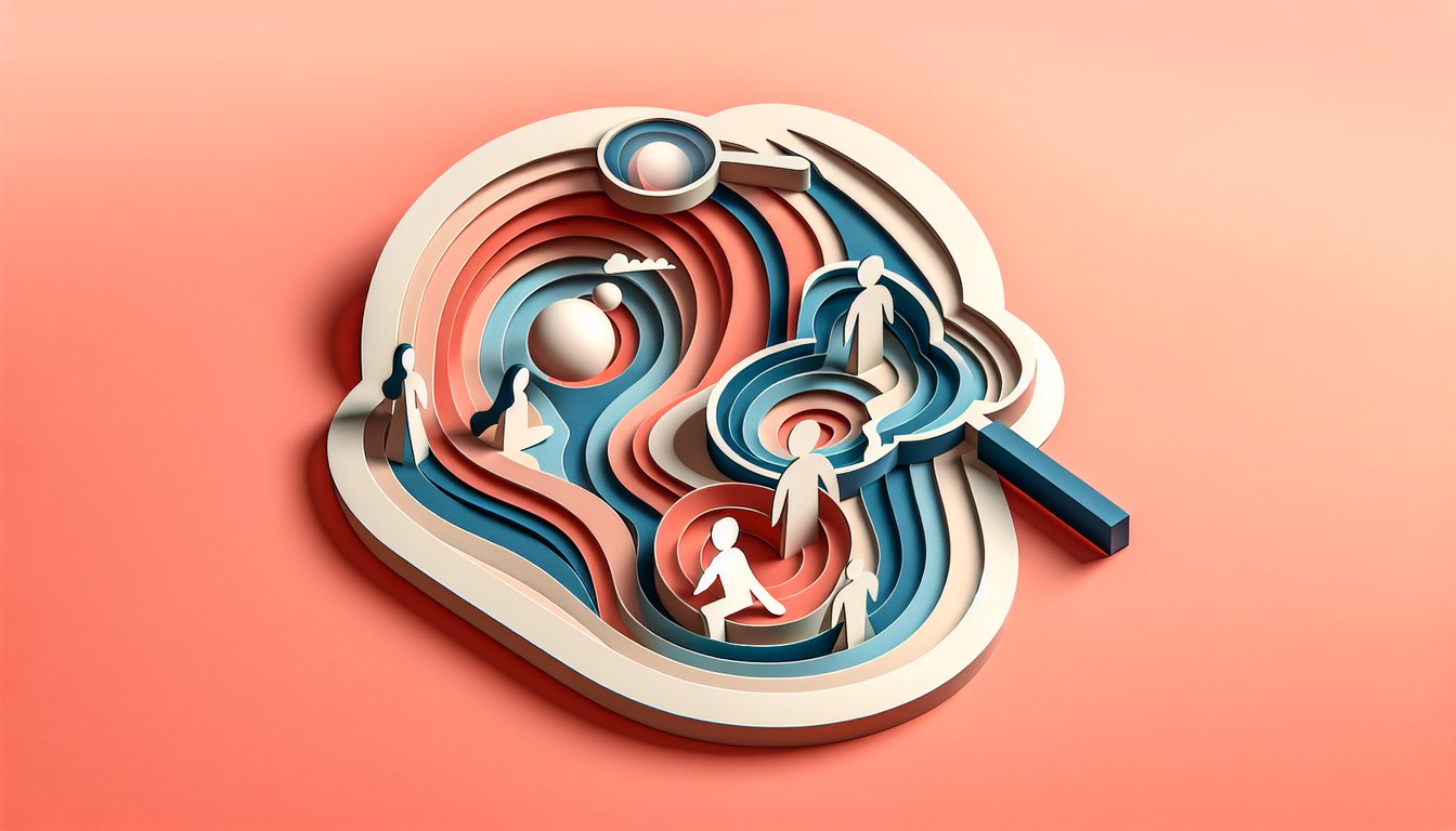 Paper art illustration for a religious trauma test on a coral background